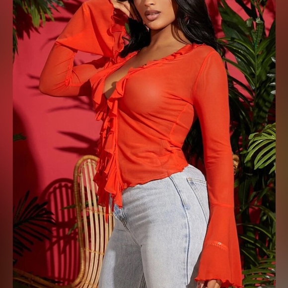 Orange Ruffled Tie Front Blouse - Picture 4 of 6